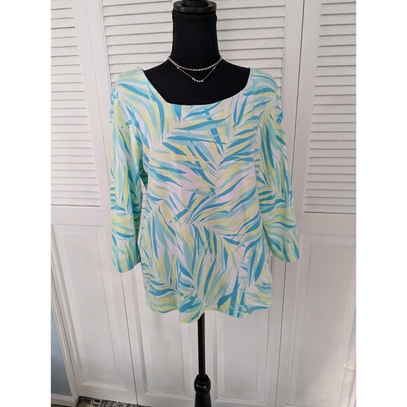 Tops - Hearts of Palm Womens sz L Blouse Top Teal Green Leaf Asymmetric Neck 3/4 Sleeve